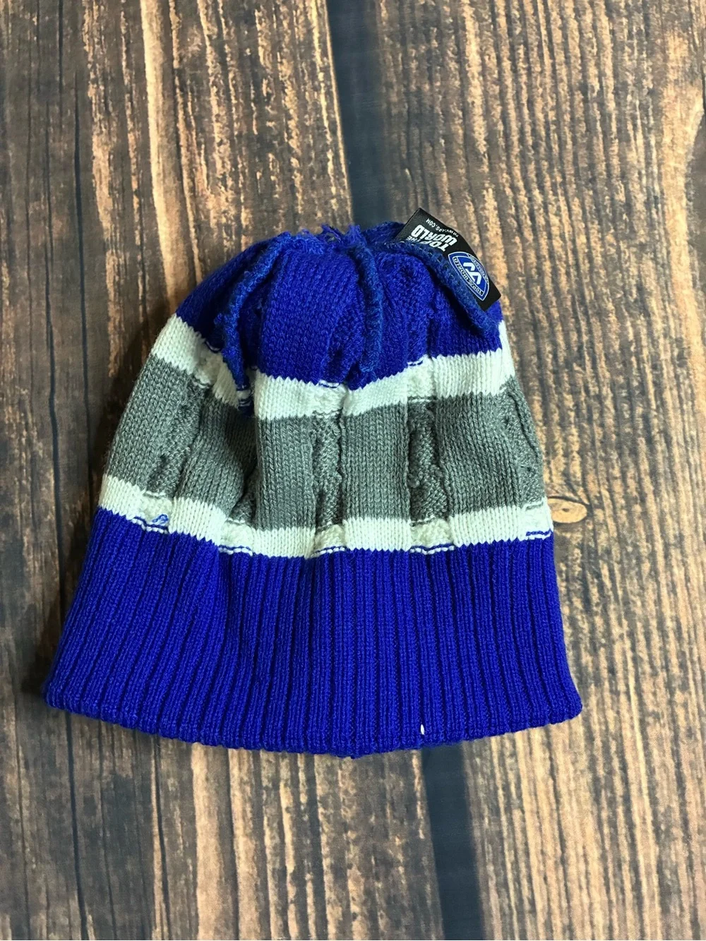 Kids Blue and Gray Pom Cuffed Beanie with Embroidered D